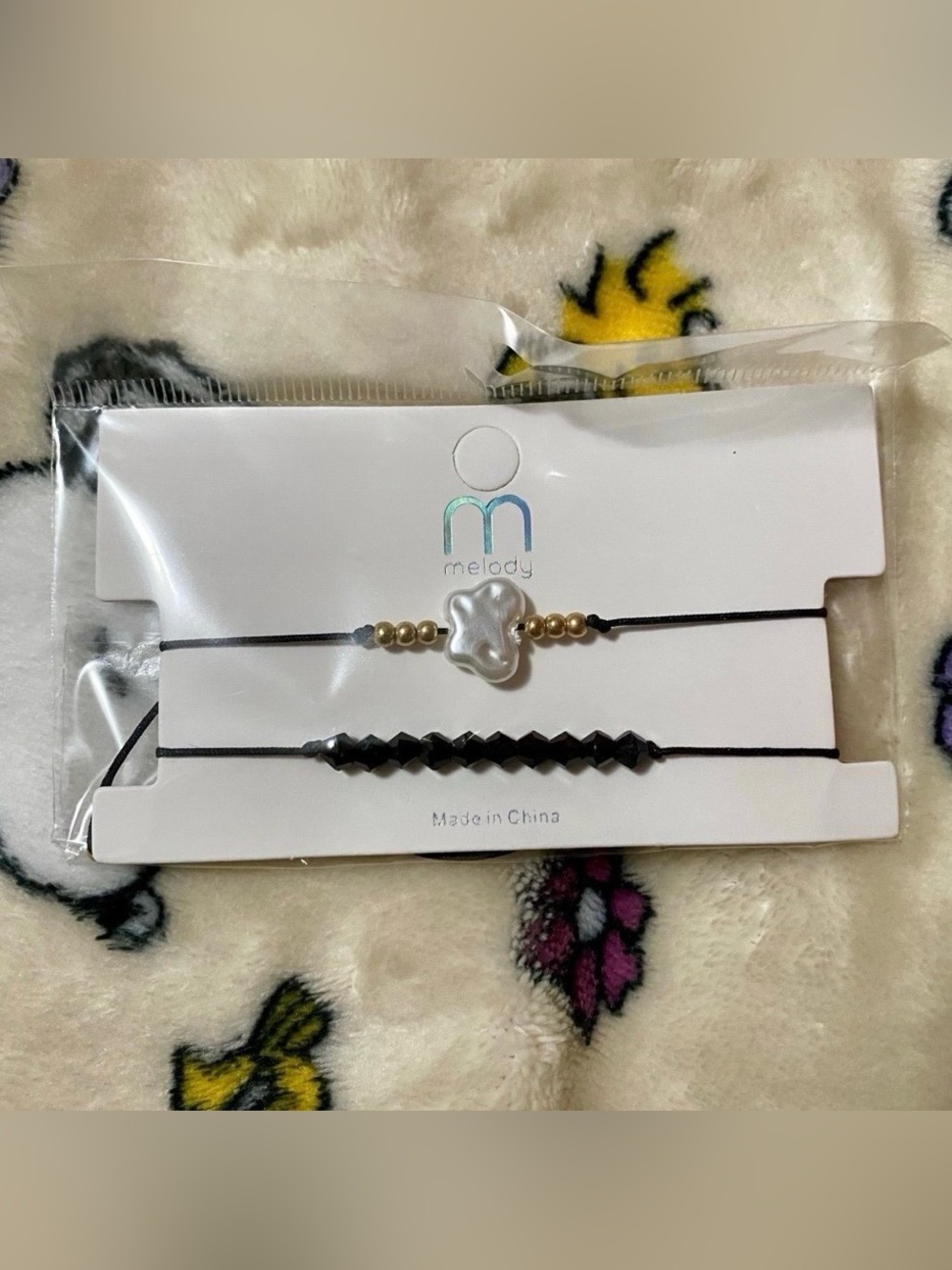 Melody Adjustable Cord Beaded Charm Bracelet Set Black & White